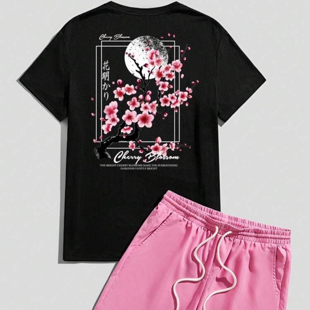 Manfinity Relax Men's Japanese Cherry Blossom Casual T-Shirt And Shorts Set